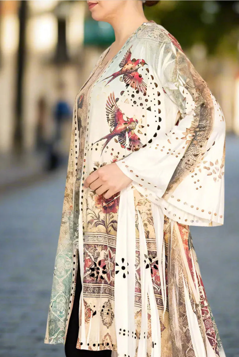 Origami Laser Cut High-Low Cardigan in Vintage Bird Faux Suede-Jackets-Origami Apparel-Deja Nu Boutique, Women's Fashion Boutique in Lampasas, Texas