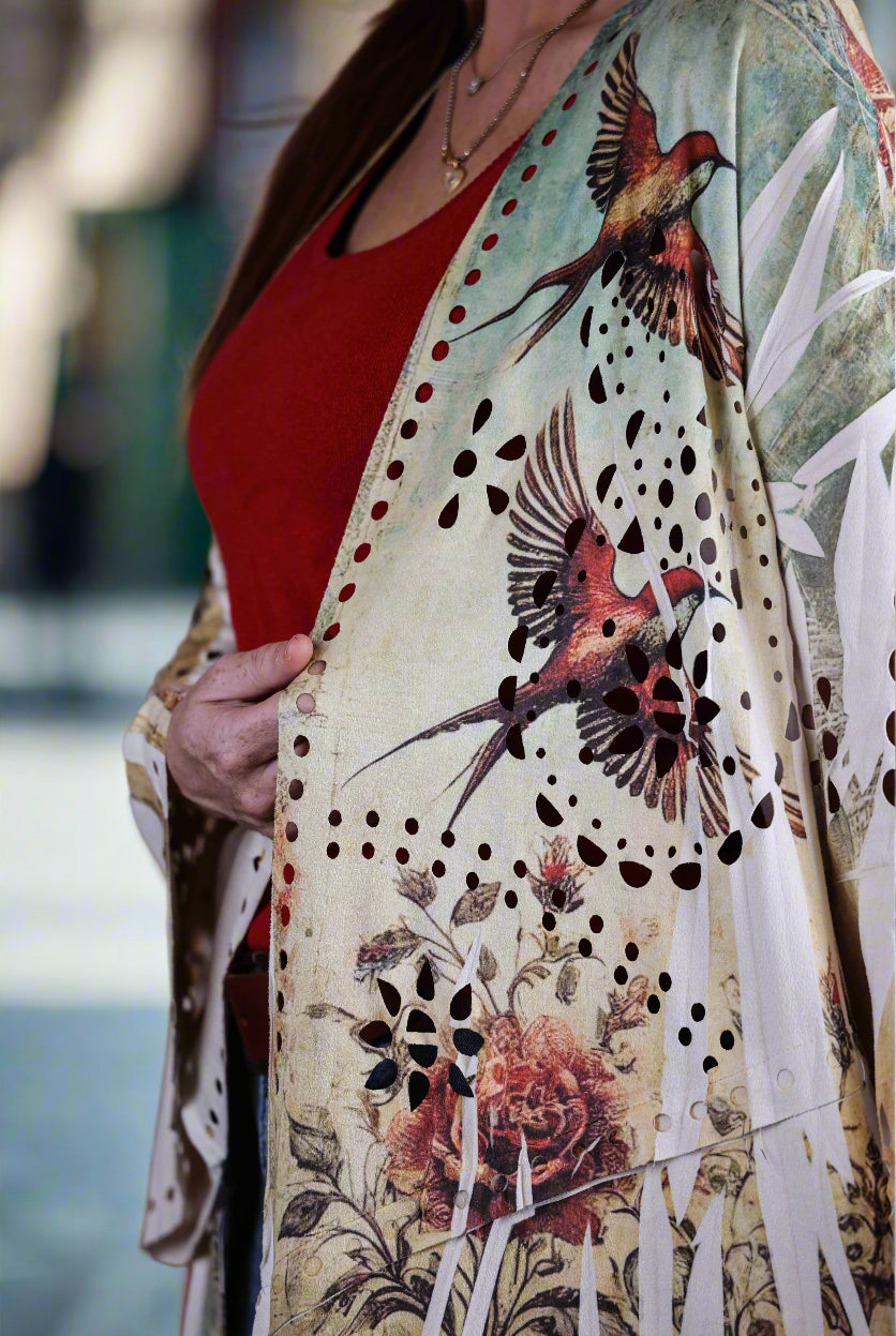 Origami Laser Cut High-Low Cardigan in Vintage Bird Faux Suede-Jackets-Origami Apparel-Deja Nu Boutique, Women's Fashion Boutique in Lampasas, Texas