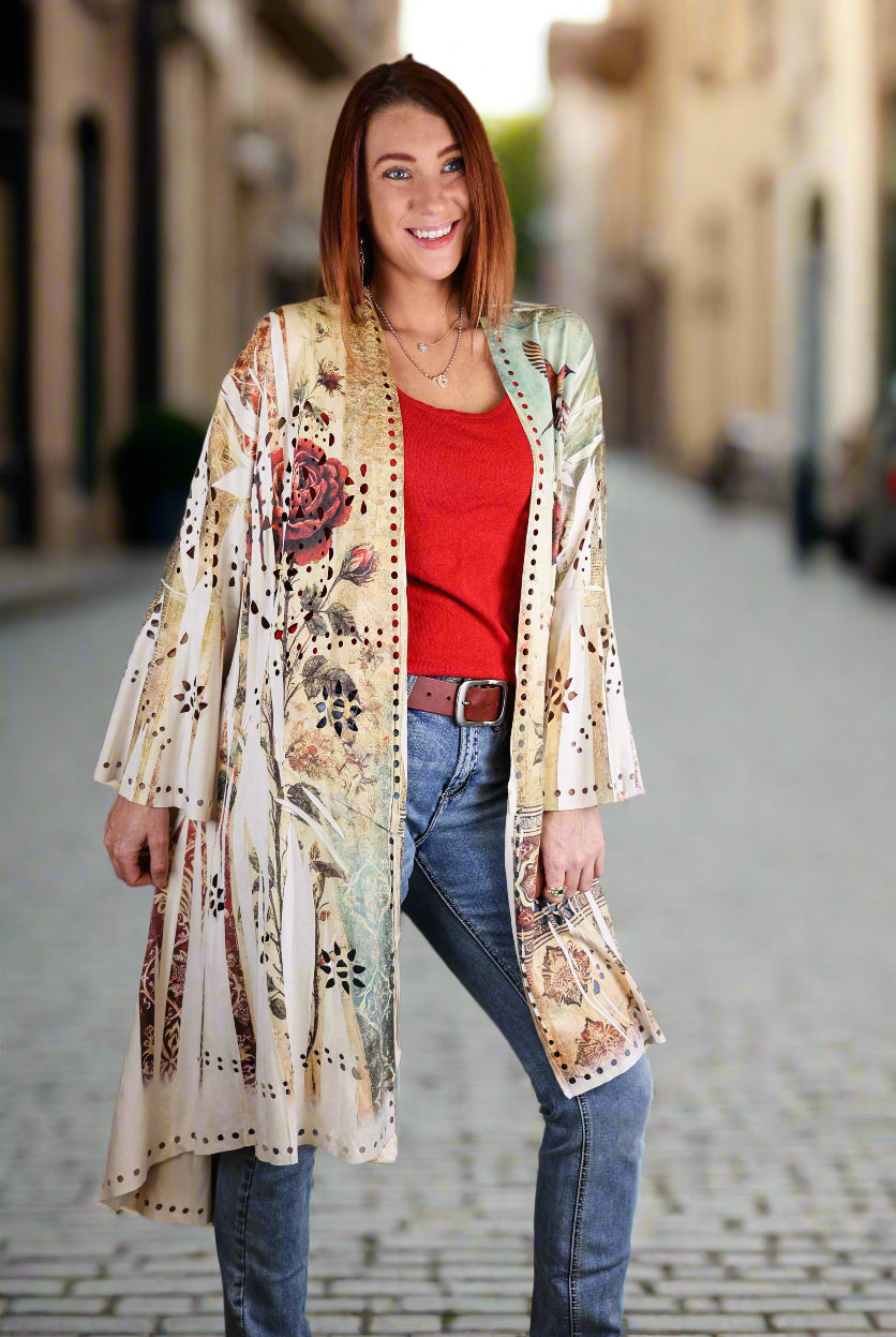 Origami Laser Cut High-Low Cardigan in Vintage Bird Faux Suede-Jackets-Origami Apparel-Deja Nu Boutique, Women's Fashion Boutique in Lampasas, Texas