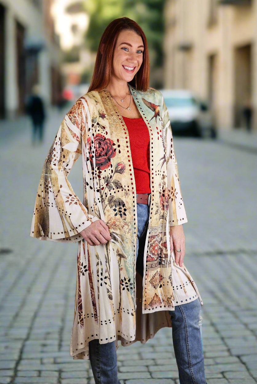 Origami Laser Cut High-Low Cardigan in Vintage Bird Faux Suede-Jackets-Origami Apparel-Deja Nu Boutique, Women's Fashion Boutique in Lampasas, Texas