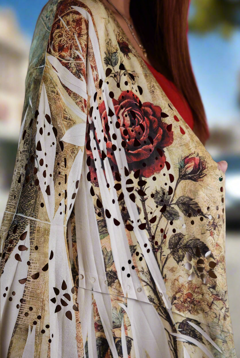 Origami Laser Cut High-Low Cardigan in Vintage Bird Faux Suede-Jackets-Origami Apparel-Deja Nu Boutique, Women's Fashion Boutique in Lampasas, Texas