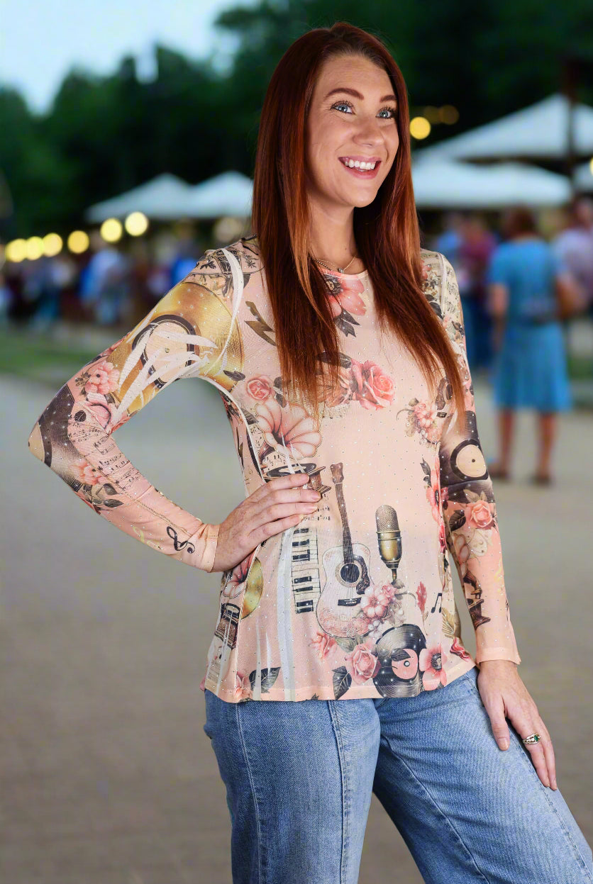 Origami Pink Guitar Mesh Long Sleeve Top with Sparkle Detail-Tops-Origami Apparel-Deja Nu Boutique, Women's Fashion Boutique in Lampasas, Texas