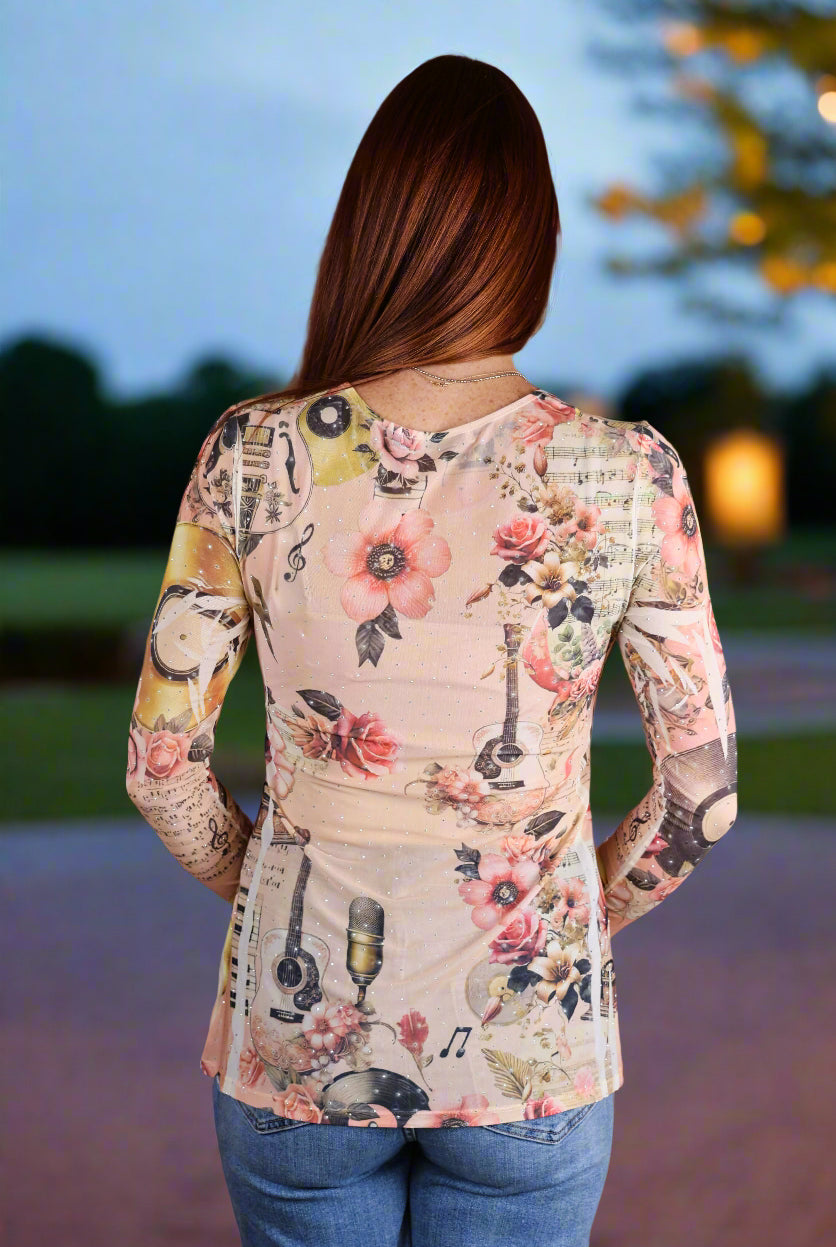 Origami Pink Guitar Mesh Long Sleeve Top with Sparkle Detail-Tops-Origami Apparel-Deja Nu Boutique, Women's Fashion Boutique in Lampasas, Texas