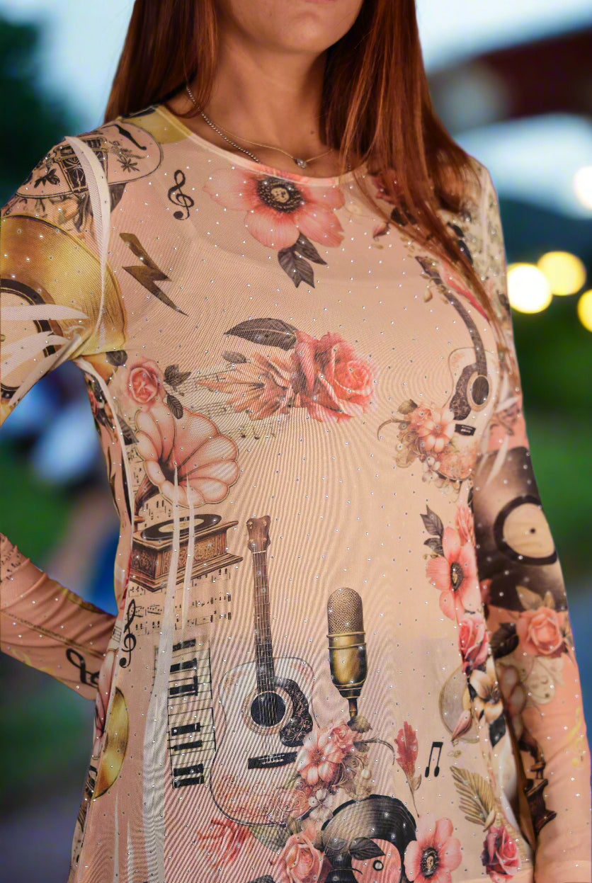 Origami Pink Guitar Mesh Long Sleeve Top with Sparkle Detail-Tops-Origami Apparel-Deja Nu Boutique, Women's Fashion Boutique in Lampasas, Texas