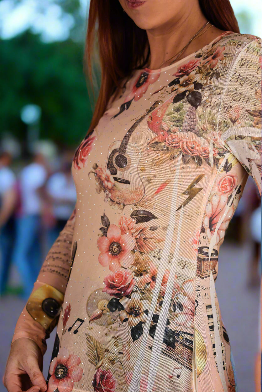 Origami Pink Guitar Mesh Long Sleeve Top with Sparkle Detail-Tops-Origami Apparel-Deja Nu Boutique, Women's Fashion Boutique in Lampasas, Texas