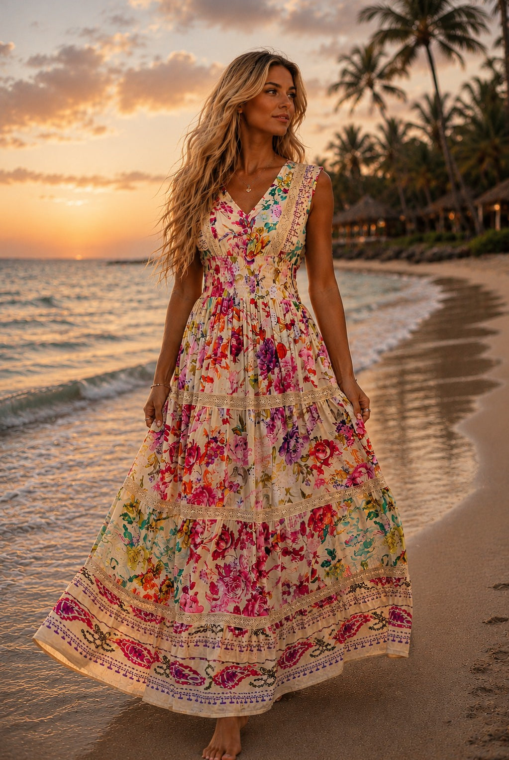 POL Cream Multi Floral Smocked Maxi Dress-Maxi Dresses-POL-Deja Nu Boutique, Women's Fashion Boutique in Lampasas, Texas