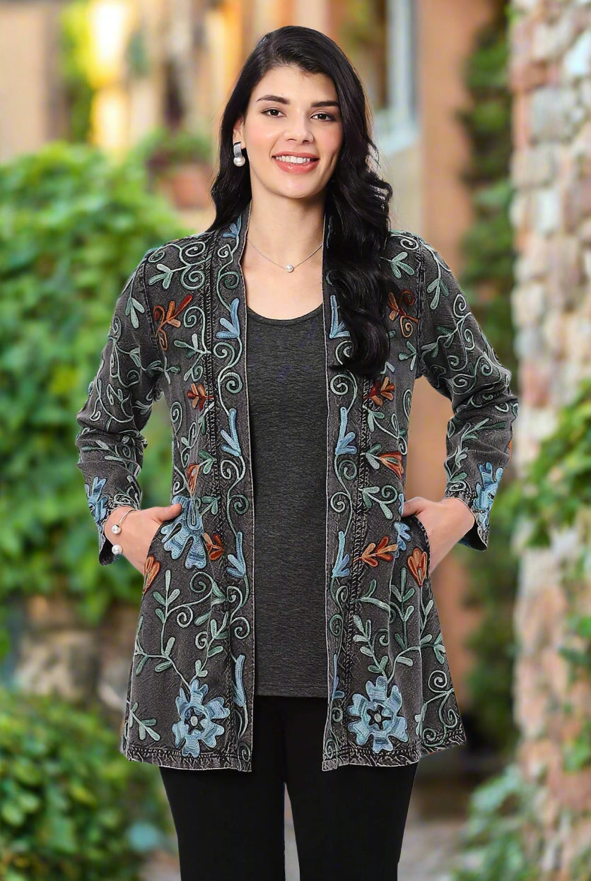 Parsley & Sage Nancy Embroidered Open Front Jacket-Jackets-Parsley & Sage-Deja Nu Boutique, Women's Fashion Boutique in Lampasas, Texas
