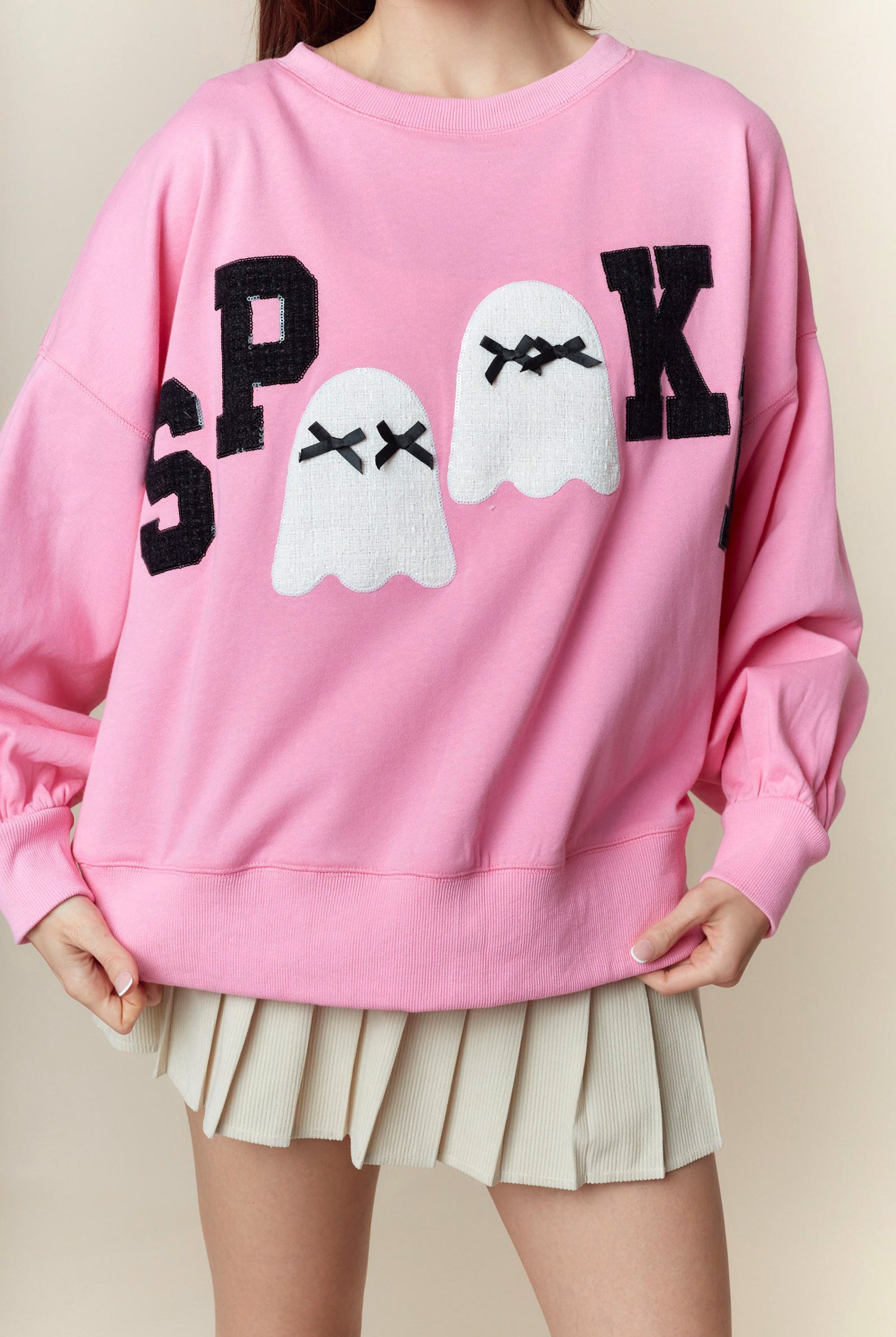 Peach Love Pink Halloween ‘Spooky’ Sweatshirt with Ghost Patches-sweatshirt-Peach Love-Deja Nu Boutique, Women's Fashion Boutique in Lampasas, Texas