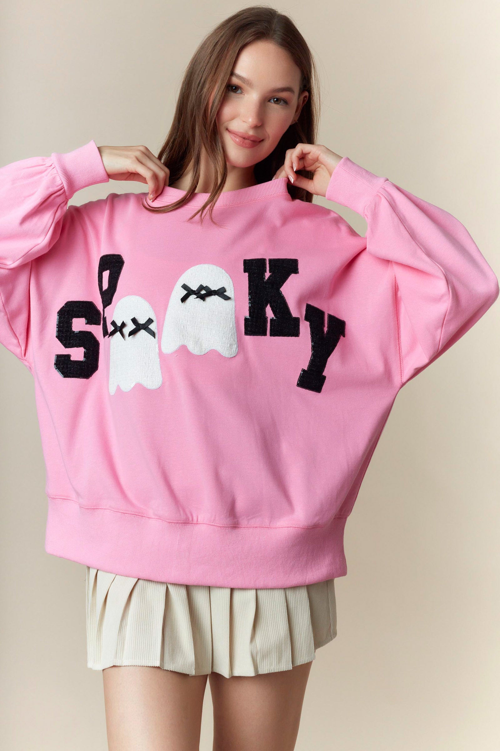 Peach Love Pink Halloween ‘Spooky’ Sweatshirt with Ghost Patches-sweatshirt-Peach Love-Deja Nu Boutique, Women's Fashion Boutique in Lampasas, Texas