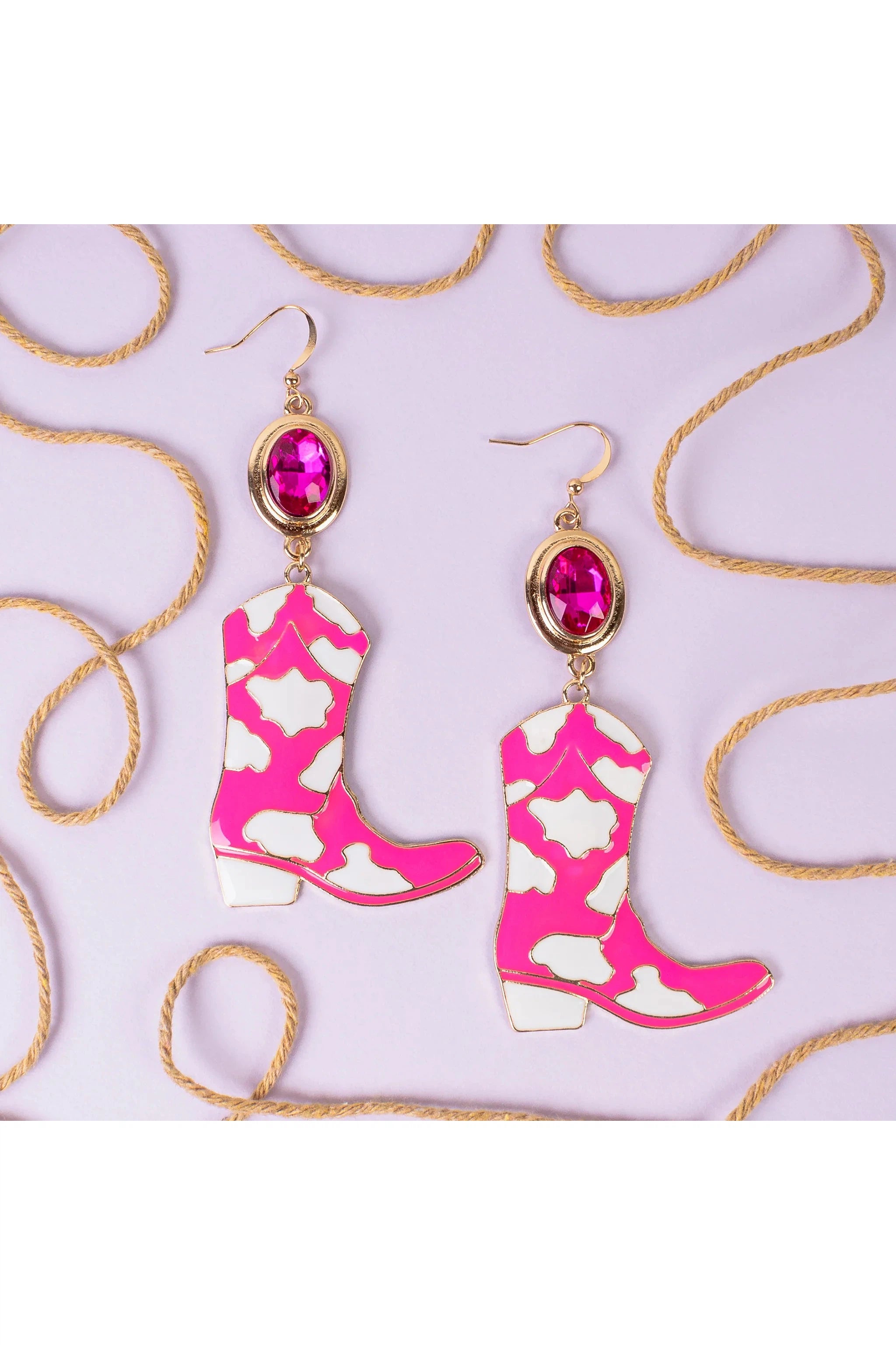 Pink And White Cowboy Boot Drop Earrings With Hot Pink Crystal Connector-Earrings-Deja Nu-Deja Nu Boutique, Women's Fashion Boutique in Lampasas, Texas