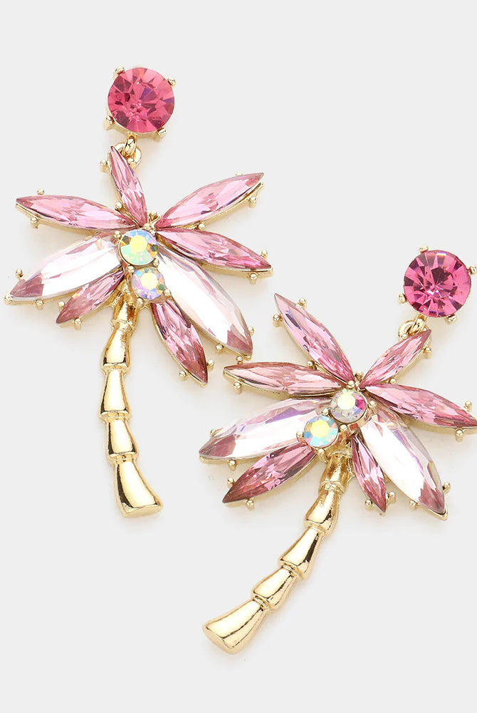 Pink Crystal Palm Tree Earrings – Tropical Statement Jewelry for Summer Vibes-Earrings-Deja Nu Tx-Deja Nu Boutique, Women's Fashion Boutique in Lampasas, Texas
