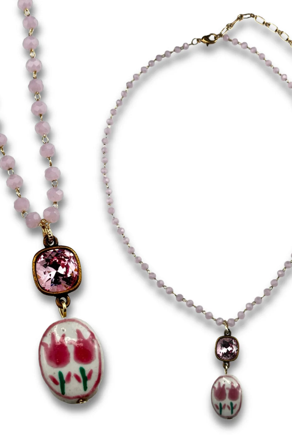Pink Panache Ceramic Tulip Charm Necklace with Pink Austrian Crystal-Necklaces-Pink Panache-Deja Nu Boutique, Women's Fashion Boutique in Lampasas, Texas