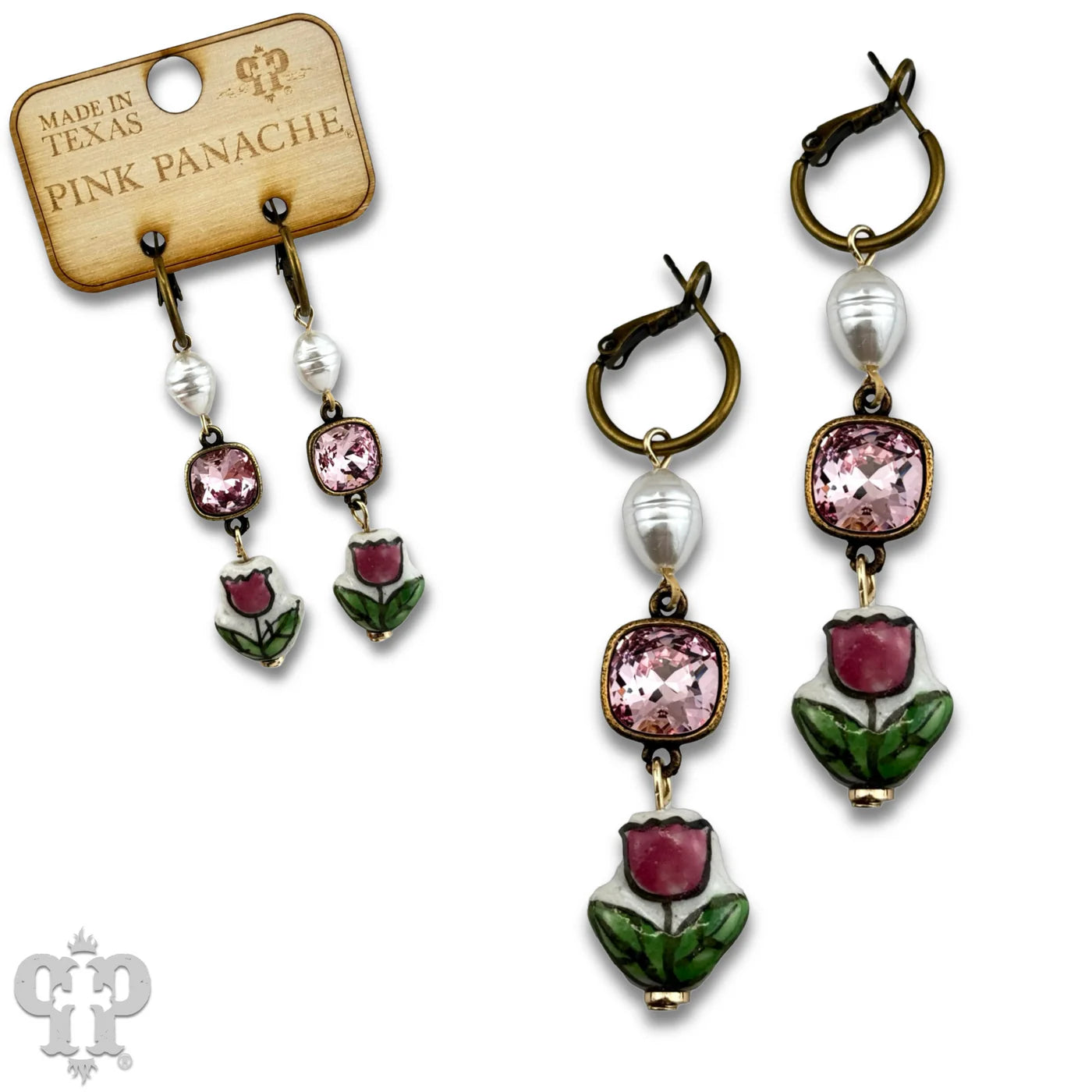 Pink Panache Ceramic Tulip Drop Earrings with Pink Crystal & Pearl Accent-Earrings-Pink Panache-Deja Nu Boutique, Women's Fashion Boutique in Lampasas, Texas