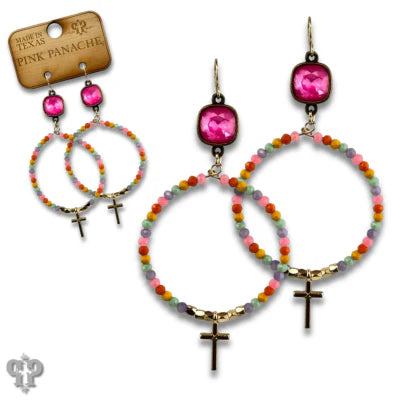 Pink Panache Crystal Cross Hoop Earrings – Pink & Purple Beaded Styles-Earrings-Pink Panache-Deja Nu Boutique, Women's Fashion Boutique in Lampasas, Texas
