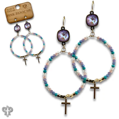 Pink Panache Crystal Cross Hoop Earrings – Pink & Purple Beaded Styles-Earrings-Pink Panache-Deja Nu Boutique, Women's Fashion Boutique in Lampasas, Texas