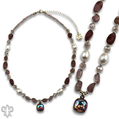 Pink Panache Freshwater Pearl & Quartz Necklace with Pink Austrian Crystal Pendant-Necklaces-Pink Panache-Deja Nu Boutique, Women's Fashion Boutique in Lampasas, Texas