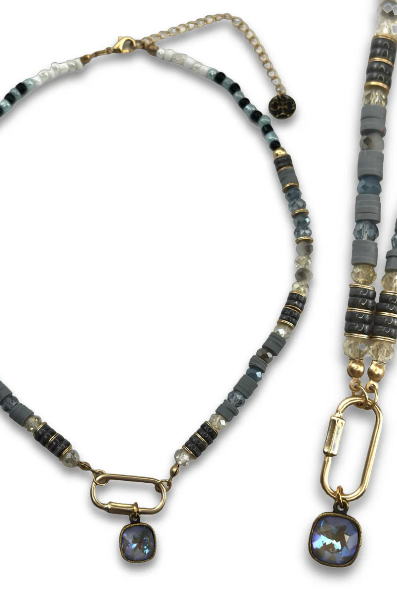 Pink Panache Gray Austrian Crystal Beaded Necklace with Stone Disc Accents-Necklaces-Pink Panache-Deja Nu Boutique, Women's Fashion Boutique in Lampasas, Texas