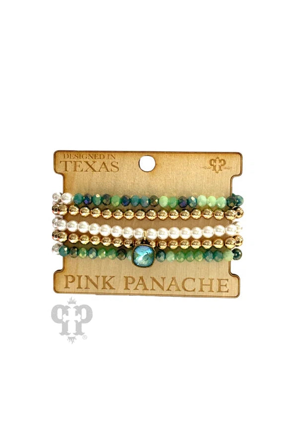 Pink Panache Green Bead Mix Five Strand Bracelet Set With Austrian Crystal Drop-Bracelets-Pink Panache-Deja Nu Boutique, Women's Fashion Boutique in Lampasas, Texas