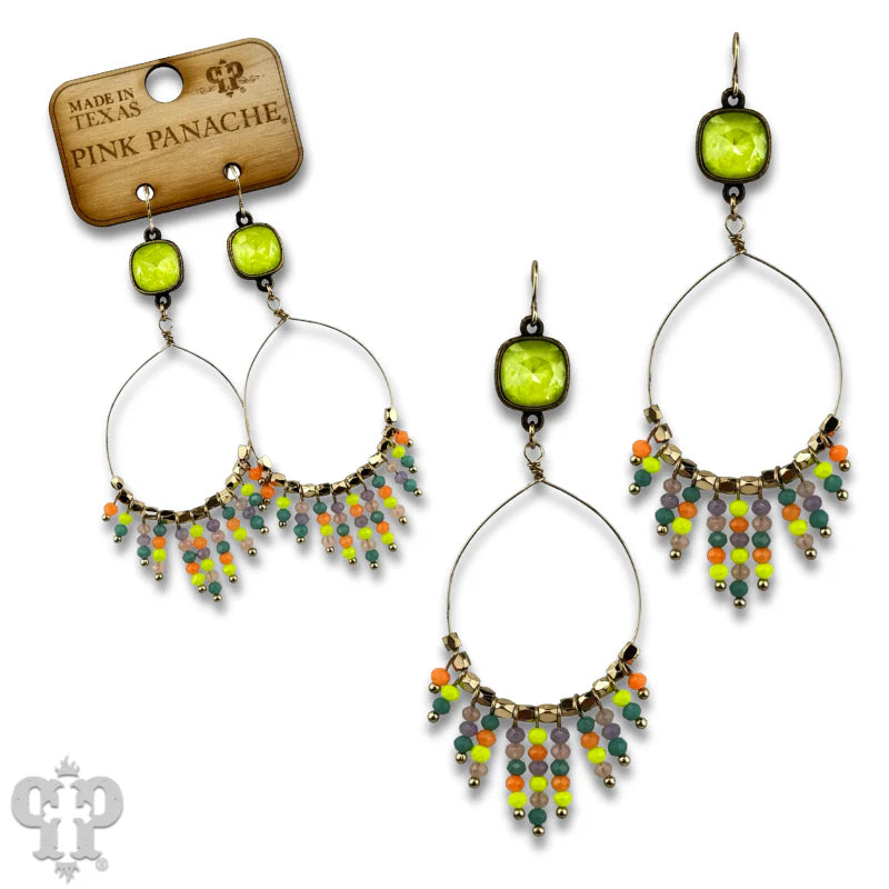 Pink Panache Green Crystal Teardrop Earrings with Multicolor Beaded Fringe – 2.5” Statement Dangles-Earrings-Pink Panache-Deja Nu Boutique, Women's Fashion Boutique in Lampasas, Texas