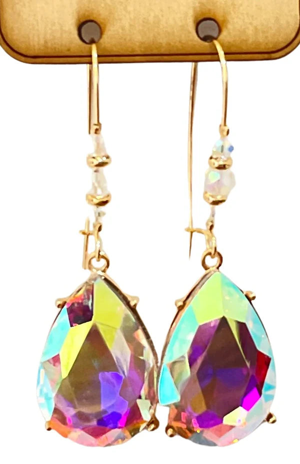 Pink Panache Silver Hoop Earrings with Iridescent Teardrop Crystal-Earrings-Pink Panache-Deja Nu Boutique, Women's Fashion Boutique in Lampasas, Texas