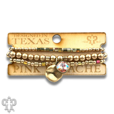 Pink Panache Matte Gold Beaded Bracelet Stack with Pink Crystal-Bracelets-Pink Panache-Deja Nu Boutique, Women's Fashion Boutique in Lampasas, Texas