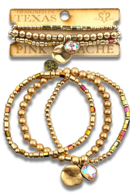 Pink Panache Matte Gold Beaded Bracelet Stack with Pink Crystal-Bracelets-Pink Panache-Deja Nu Boutique, Women's Fashion Boutique in Lampasas, Texas