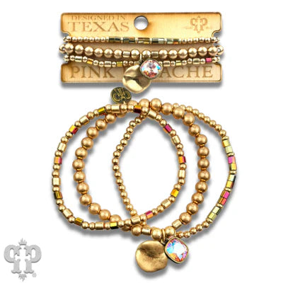 Pink Panache Matte Gold Beaded Bracelet Stack with Pink Crystal-Bracelets-Pink Panache-Deja Nu Boutique, Women's Fashion Boutique in Lampasas, Texas