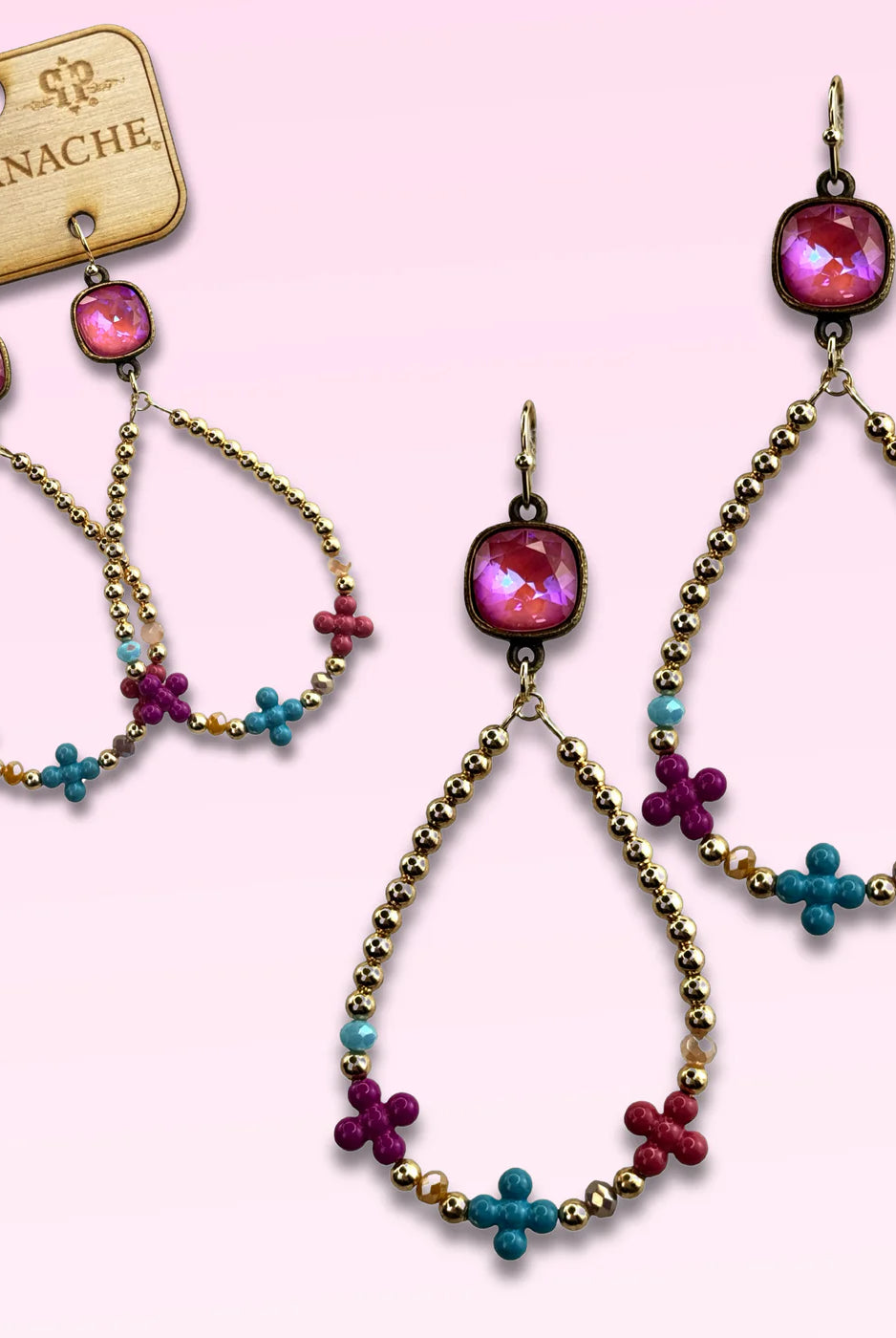 Pink Panache Multi Color Flower Bead Hoop Earrings with Pink Austrian Crystal-Earrings-Pink Panache-Deja Nu Boutique, Women's Fashion Boutique in Lampasas, Texas