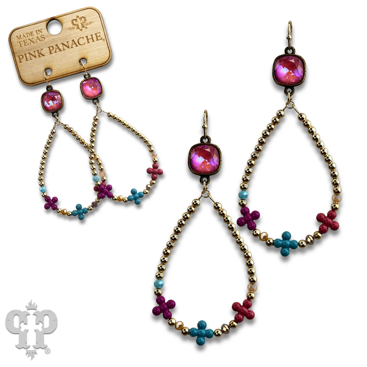 Pink Panache Multi Color Flower Bead Hoop Earrings with Pink Austrian Crystal-Earrings-Pink Panache-Deja Nu Boutique, Women's Fashion Boutique in Lampasas, Texas