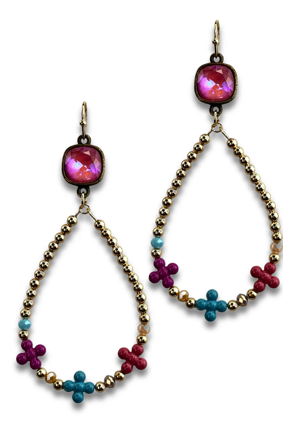 Pink Panache Multi Color Flower Bead Hoop Earrings with Pink Austrian Crystal-Earrings-Pink Panache-Deja Nu Boutique, Women's Fashion Boutique in Lampasas, Texas