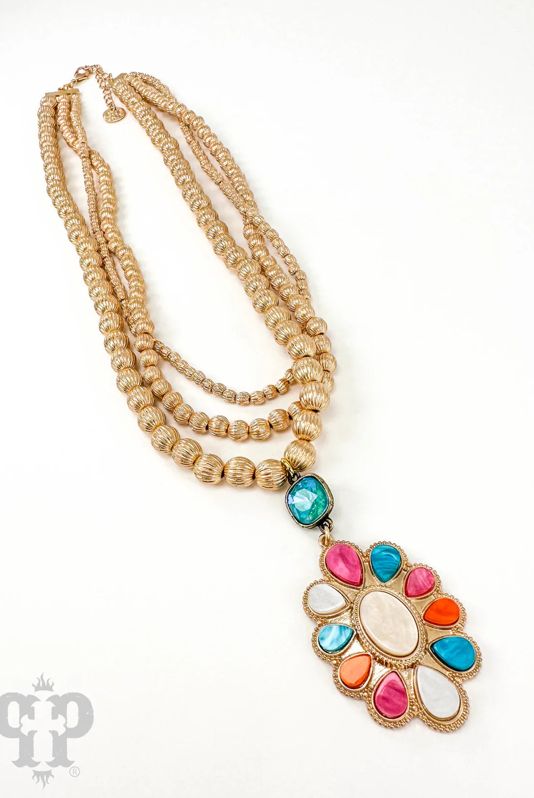 Pink Panache Multicolor Pearlized Fancy Oval Necklace with Blue Austrian Crystal-Necklaces-Pink Panache-Deja Nu Boutique, Women's Fashion Boutique in Lampasas, Texas