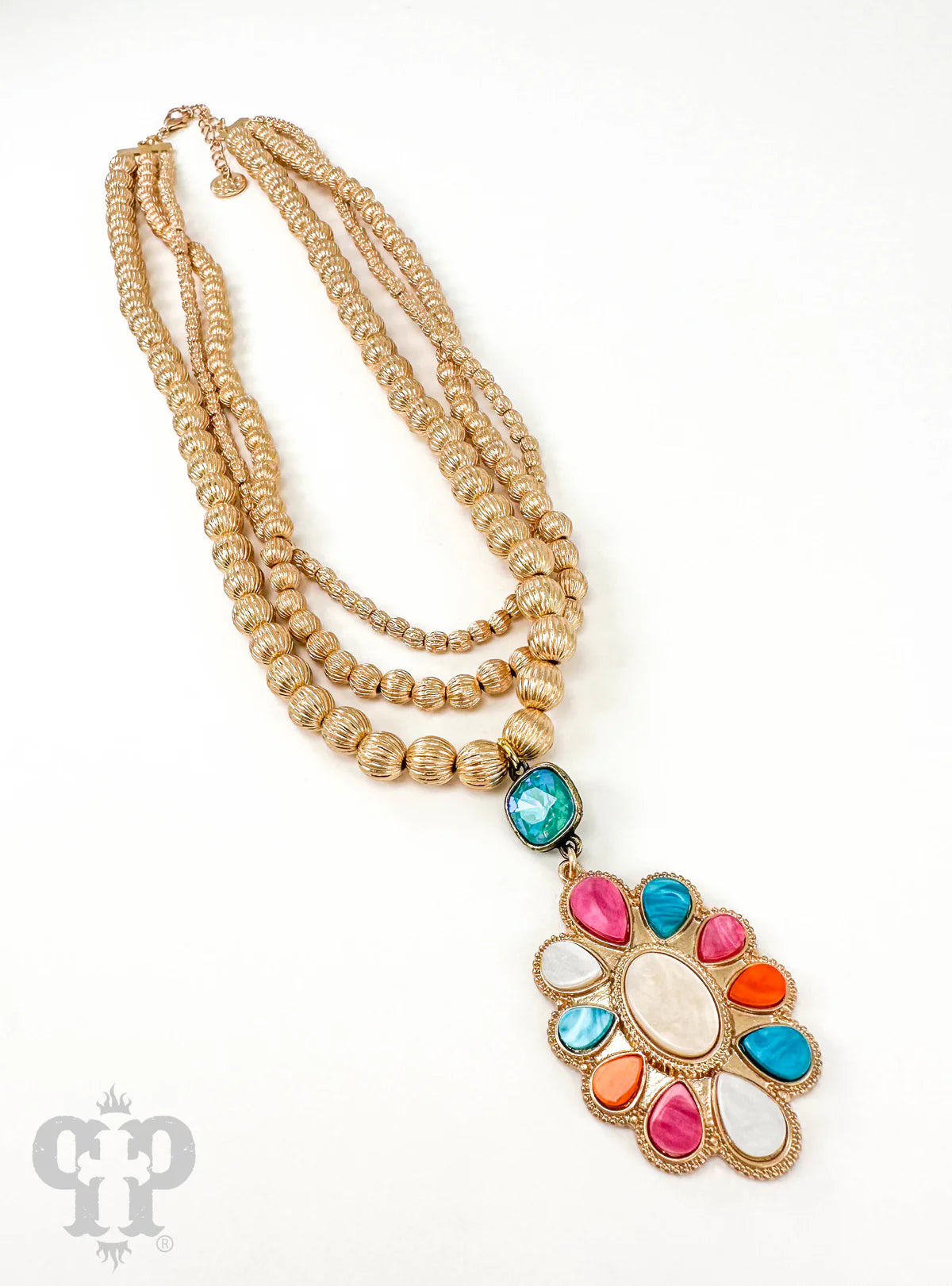 Pink Panache Multicolor Pearlized Fancy Oval Necklace with Blue Austrian Crystal-Necklaces-Pink Panache-Deja Nu Boutique, Women's Fashion Boutique in Lampasas, Texas