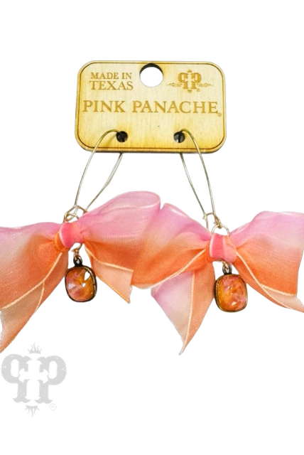 Pink Panache Peach Chiffon Bow Earring With Austrian Crystal Drop-Earrings-Pink Panache-Deja Nu Boutique, Women's Fashion Boutique in Lampasas, Texas