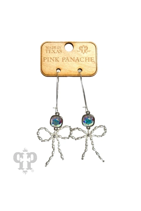 Pink Panache Pearl Bead Bow Dangle Earrings In Silver With Austrian Crystal-Earrings-Pink Panache-Deja Nu Boutique, Women's Fashion Boutique in Lampasas, Texas