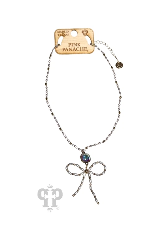 Pink Panache Pearl Beaded Bow Necklace In Silver With Austrian Crystal-Necklaces-Pink Panache-Deja Nu Boutique, Women's Fashion Boutique in Lampasas, Texas