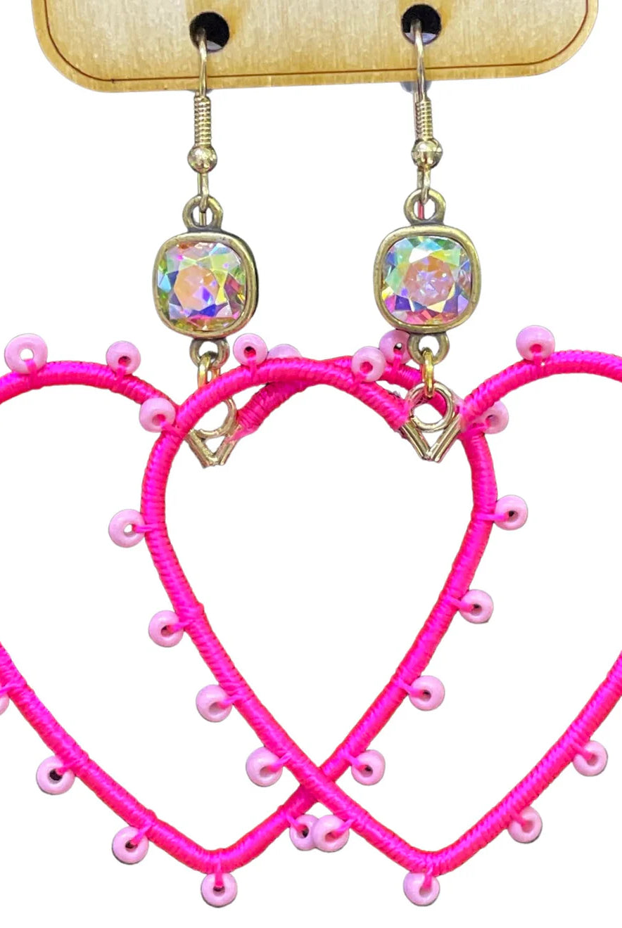 Pink Panache Pink Bead Wrapped Fuchsia Heart Earring With Austrian Crystal-Earrings-Pink Panache-Deja Nu Boutique, Women's Fashion Boutique in Lampasas, Texas