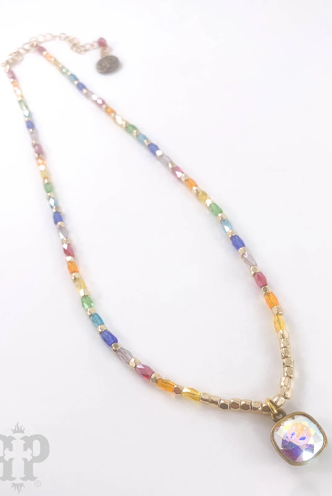 Pink Panache Rainbow Rice Bead Necklace with Iridescent Crystal-Necklaces-Pink Panache-Deja Nu Boutique, Women's Fashion Boutique in Lampasas, Texas