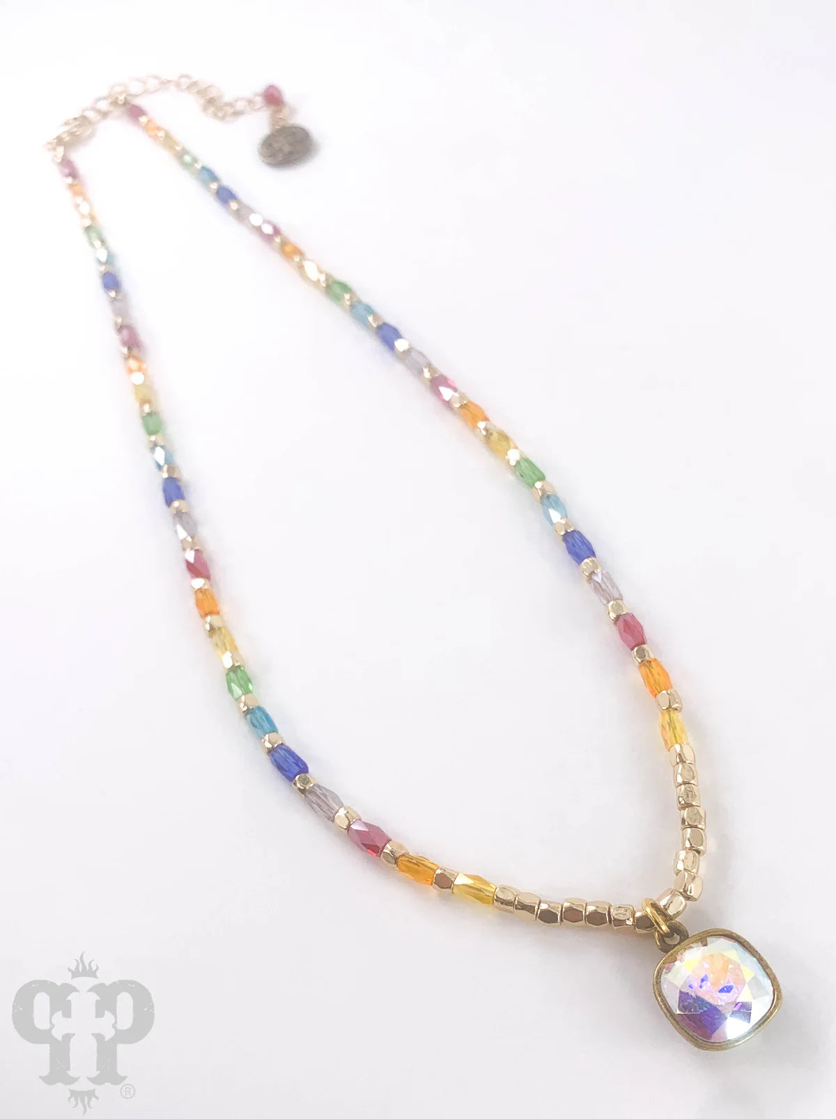 Pink Panache Rainbow Rice Bead Necklace with Iridescent Crystal-Necklaces-Pink Panache-Deja Nu Boutique, Women's Fashion Boutique in Lampasas, Texas
