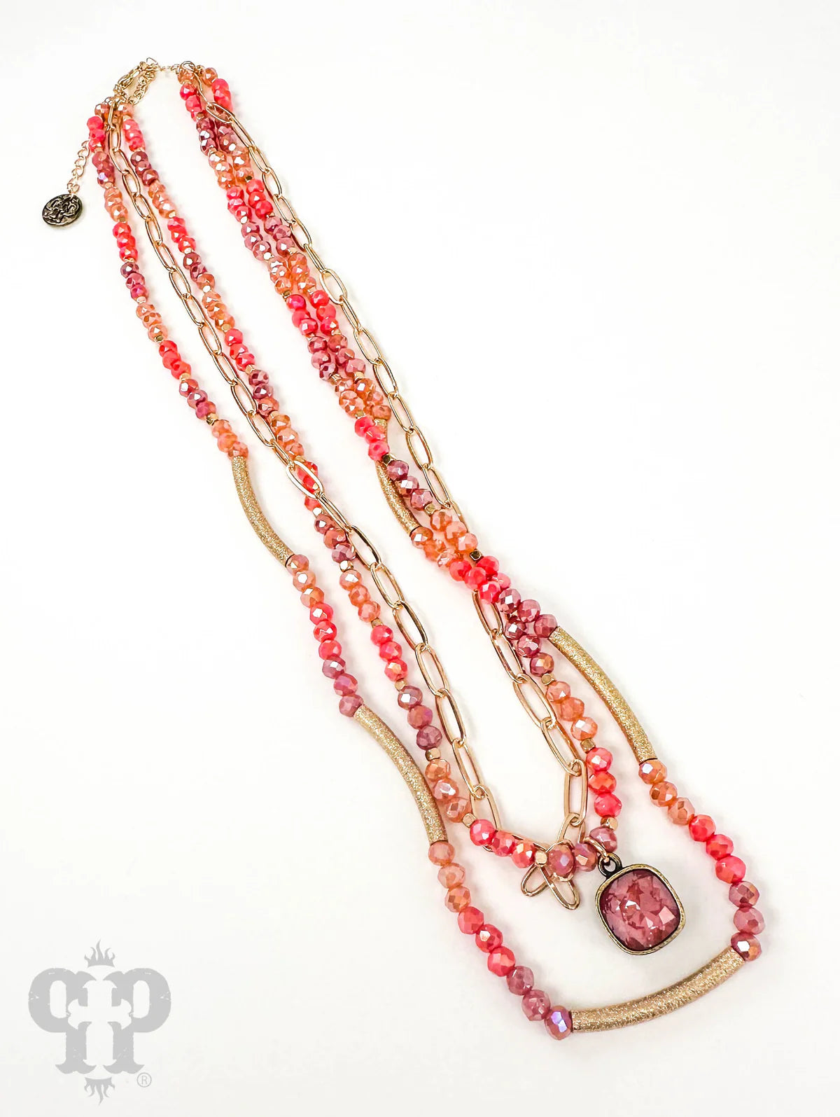 Pink Panache Triple Strand Coral Beaded Necklace with Austrian Crystal-Necklaces-Pink Panache-Deja Nu Boutique, Women's Fashion Boutique in Lampasas, Texas