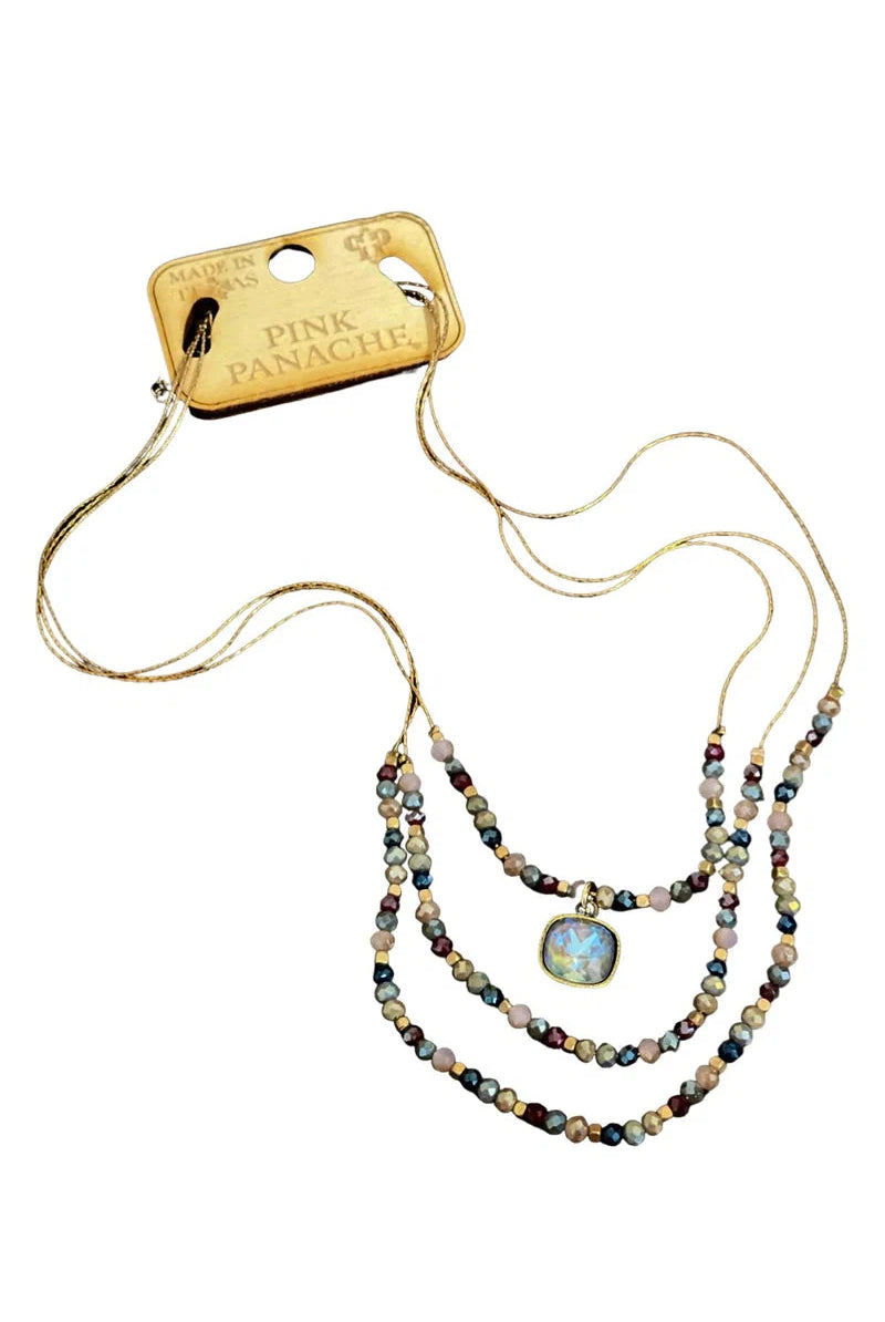 Pink Panache Triple Strand Gold Chain Necklace With Austrian Grey Drop Pendant-Necklaces-Pink Panache-Deja Nu Boutique, Women's Fashion Boutique in Lampasas, Texas