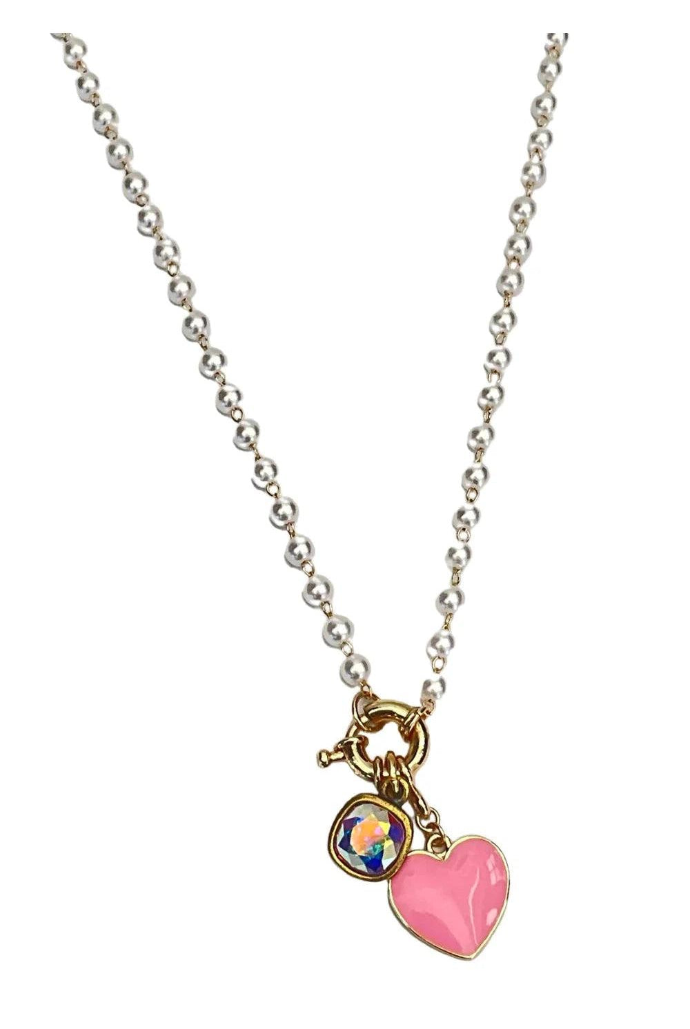 Pink Panache Valentine Pearl Necklace With Pink Heart Charm-Necklaces-Pink Panache-Deja Nu Boutique, Women's Fashion Boutique in Lampasas, Texas