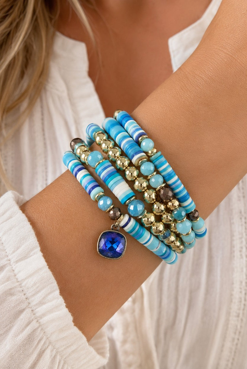 Pink Panache Blue Heishi Bead Bracelet Set with Austrian Crystal Charm-Bracelets-Pink Panache-Deja Nu Boutique, Women's Fashion Boutique in Lampasas, Texas