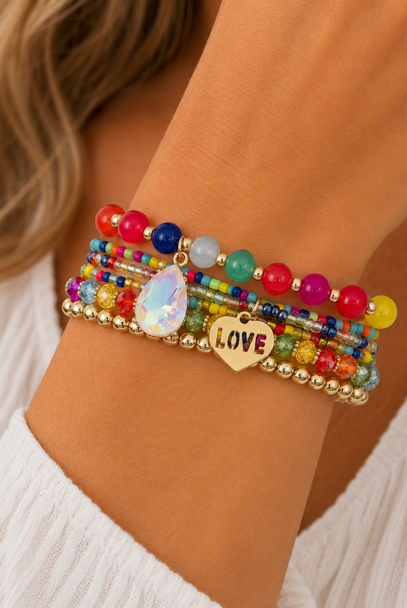 Pink Panache Multi-Color Bead Bracelet Set with LOVE Charm-Bracelets-Pink Panache-Deja Nu Boutique, Women's Fashion Boutique in Lampasas, Texas