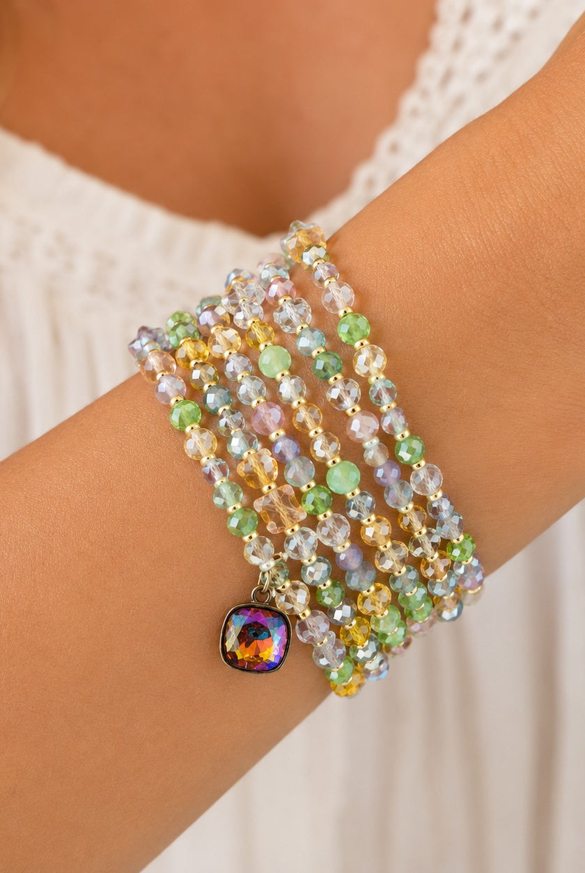 Pink Panache Spring Multi-Color Bead Bracelet with Austrian Crystal Charm-Bracelets-Pink Panache-Deja Nu Boutique, Women's Fashion Boutique in Lampasas, Texas