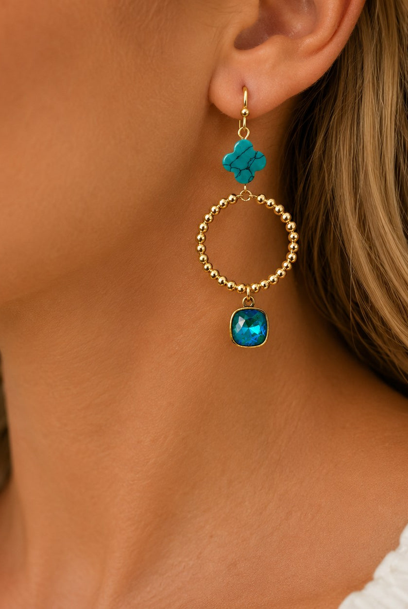 Pink Panache Turquoise Clover Bead Hoop Earrings with Austrian Crystal-Earrings-Pink Panache-Deja Nu Boutique, Women's Fashion Boutique in Lampasas, Texas