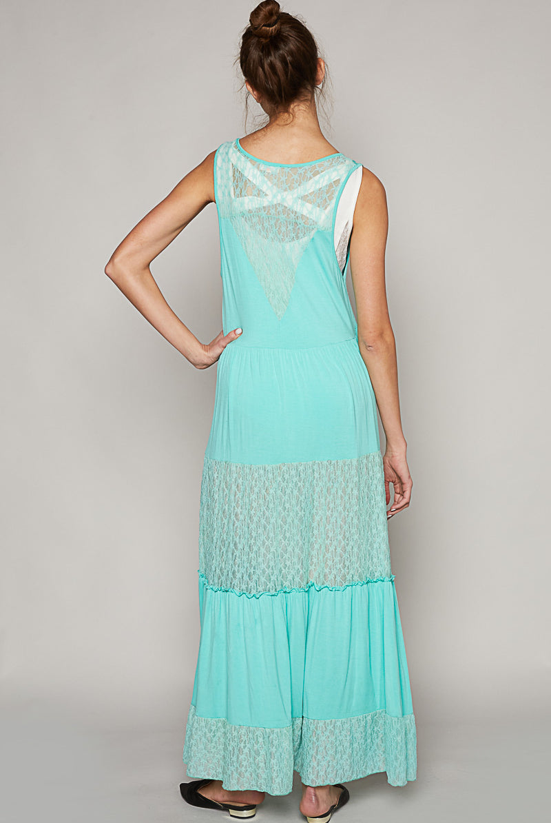 Pol Electric Blue Jersey And Lace Button Long Vest With Embroidered Details-Vest-POL-Deja Nu Boutique, Women's Fashion Boutique in Lampasas, Texas