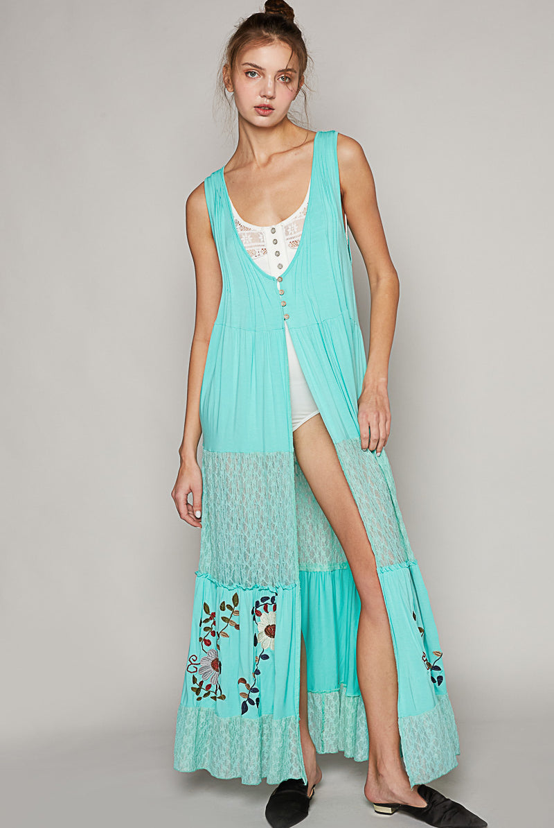 Pol Electric Blue Jersey And Lace Button Long Vest With Embroidered Details-Vest-POL-Deja Nu Boutique, Women's Fashion Boutique in Lampasas, Texas