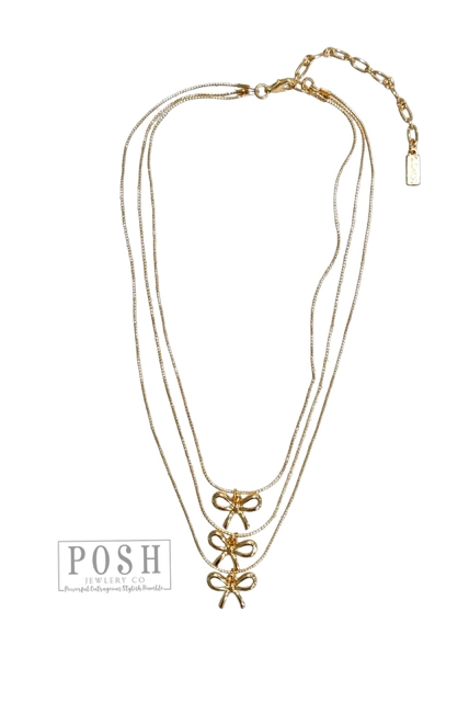 Posh By Pink Panache Gold Three Strand Delicate Chain Necklace With Bow Pendants-Necklaces-Posh Jewelry Co.-Deja Nu Boutique, Women's Fashion Boutique in Lampasas, Texas