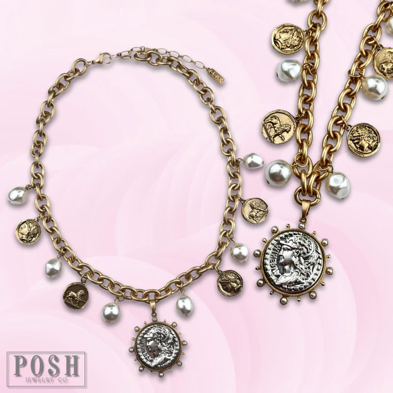 Posh Jewelry Co. Coin and Pearl Bead Charm Necklace-Necklaces-Posh Jewelry Co.-Deja Nu Boutique, Women's Fashion Boutique in Lampasas, Texas