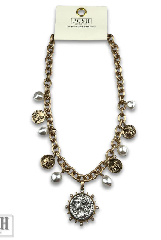 Posh Jewelry Co. Coin and Pearl Bead Charm Necklace-Necklaces-Posh Jewelry Co.-Deja Nu Boutique, Women's Fashion Boutique in Lampasas, Texas